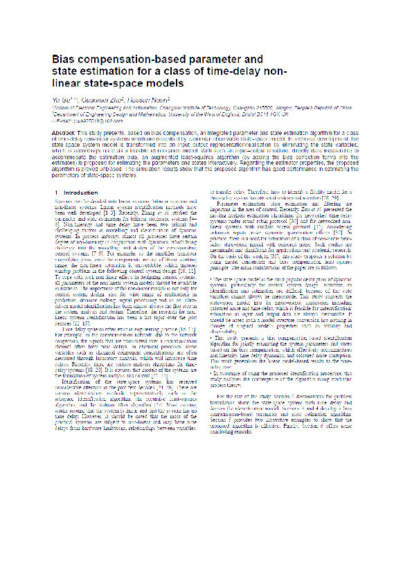 Bias compensation-based parameter and state estimation for a class of time-delay non-linear state-space models Thumbnail