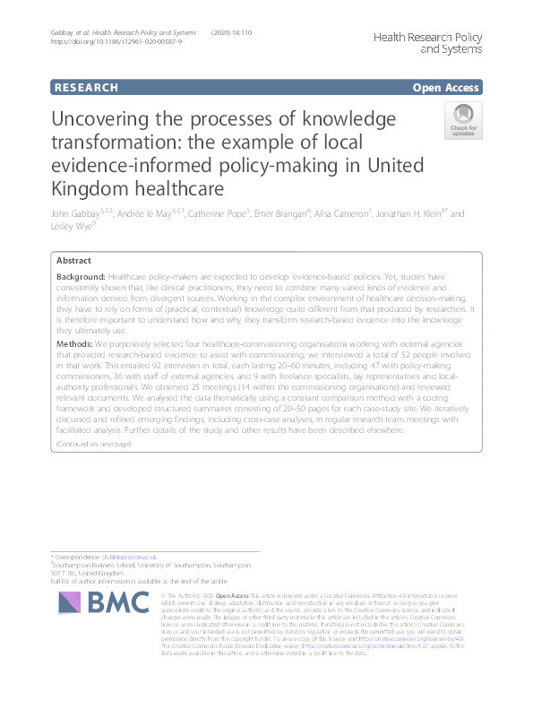 Uncovering the processes of knowledge transformation: The example of local evidence-informed policy-making in United Kingdom healthcare Thumbnail