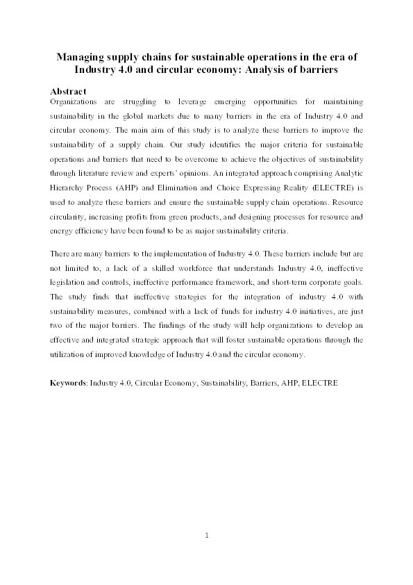 Managing supply chains for sustainable operations in the era of industry 4.0 and circular economy: Analysis of barriers Thumbnail