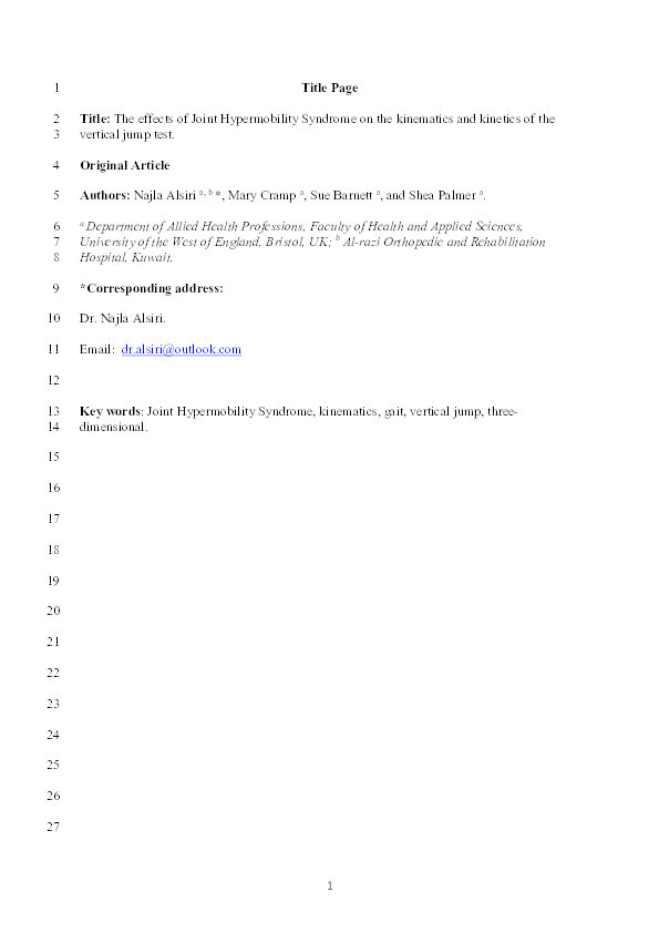 The effects of joint hypermobility syndrome on the kinematics and kinetics of the vertical jump test Thumbnail