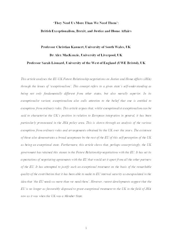 ‘They need us more than we need them’:  British exceptionalism, Brexit, and justice and home affairs Thumbnail