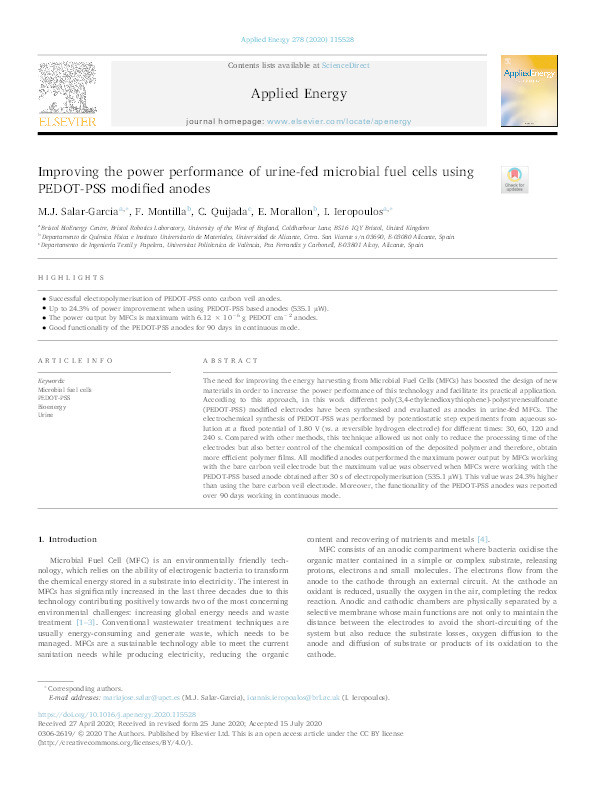 Improving the power performance of urine-fed microbial fuel cells using PEDOT-PSS modified anodes Thumbnail