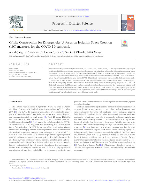 Offsite construction for emergencies: A focus on Isolation Space Creation (ISC) measures for the COVID-19 pandemic Thumbnail