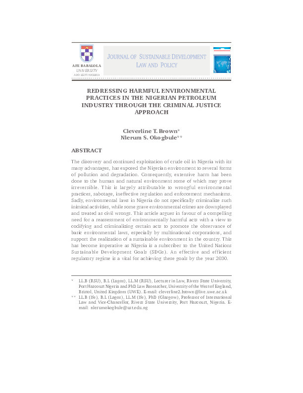 Redressing harmful environmental practices in the Nigerian petroleum industry through the criminal justice approach Thumbnail