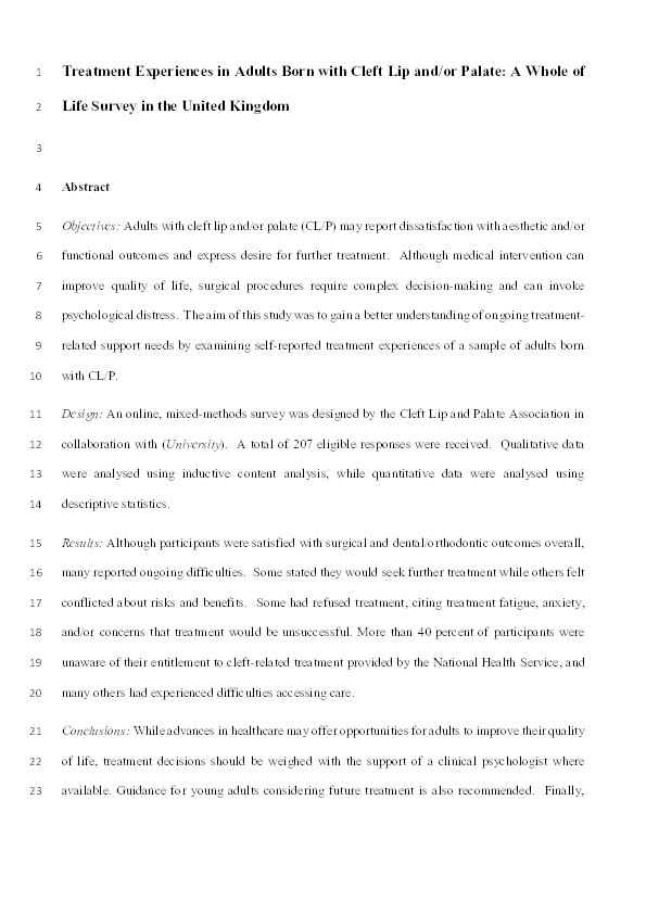 Treatment experiences in adults born with cleft lip and/or palate: A whole of life survey in the United Kingdom Thumbnail