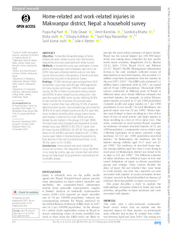 Home-related and work-related injuries in Makwanpur district, Nepal: A household survey Thumbnail