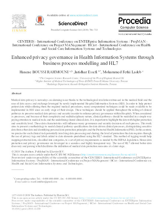 Enhanced privacy governance in Health Information Systems through business process modelling and HL7 Thumbnail