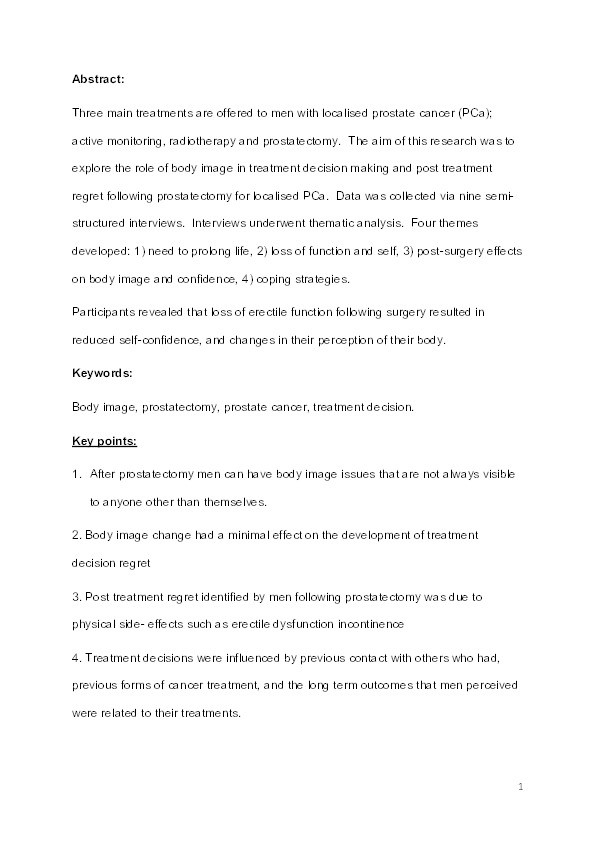 The role of body image in treatment decision-making and post-treatment regret following prostatectomy Thumbnail