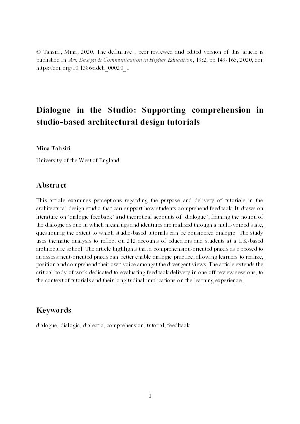 Dialogue in the studio: Supporting comprehension in studio-based architectural design tutorials Thumbnail