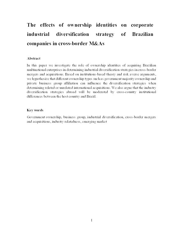 The effects of ownership identities on corporate industrial diversification strategy of Brazilian companies in cross-border M&As Thumbnail