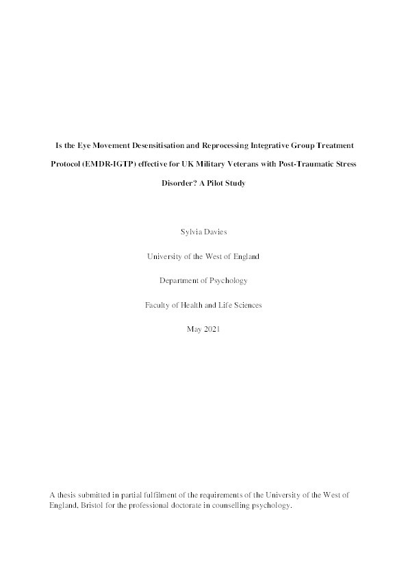 Is the Eye Movement Desensitisation and Reprocessing Integrative Group Treatment Protocol (EMDR-IGTP) effective for UK military veterans with Post-Traumatic Stress Disorder? A pilot study Thumbnail