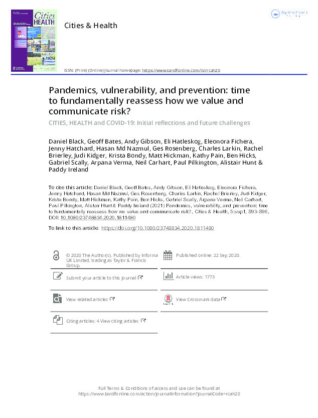 Pandemics, vulnerability, and prevention: time to fundamentally reassess how we value and communicate risk?: CITIES, HEALTH and COVID-19: Initial reflections and future challenges Thumbnail