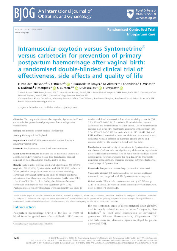 Intramuscular oxytocin versus Syntometrine® versus carbetocin for prevention of primary postpartum haemorrhage after vaginal birth: a randomised double-blinded clinical trial of effectiveness, side effects and quality of life Thumbnail