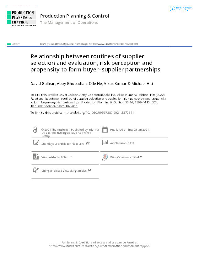 Relationship between routines of supplier selection and evaluation, risk perception and propensity to form buyer–supplier partnerships Thumbnail