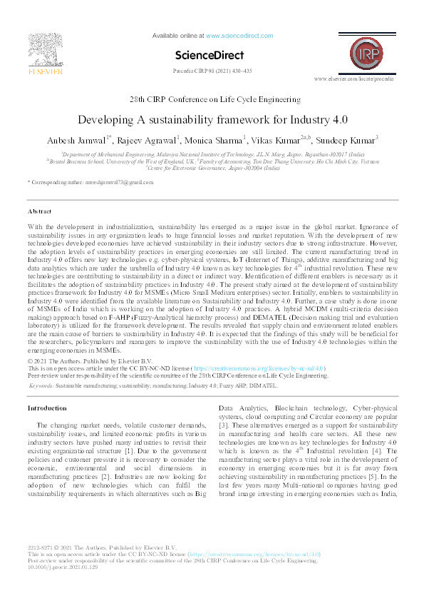 Developing A sustainability framework for Industry 4.0 Thumbnail