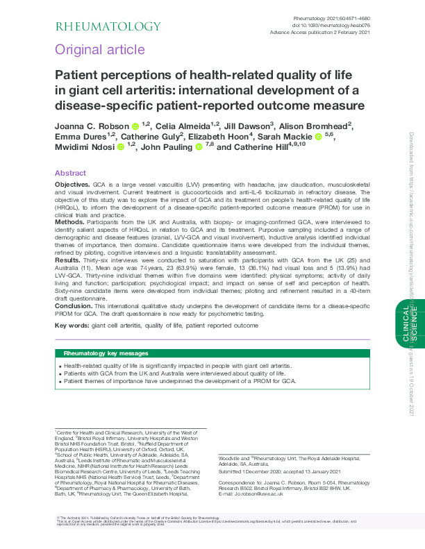 Patient perceptions of health-related quality of life in giant cell arteritis: International development of a disease-specific patient-reported outcome measure Thumbnail
