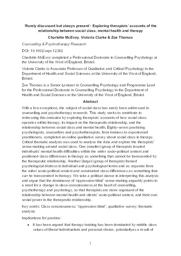 ‘Rarely discussed but always present’: Exploring therapists’ accounts of the relationship between social class, mental health and therapy Thumbnail