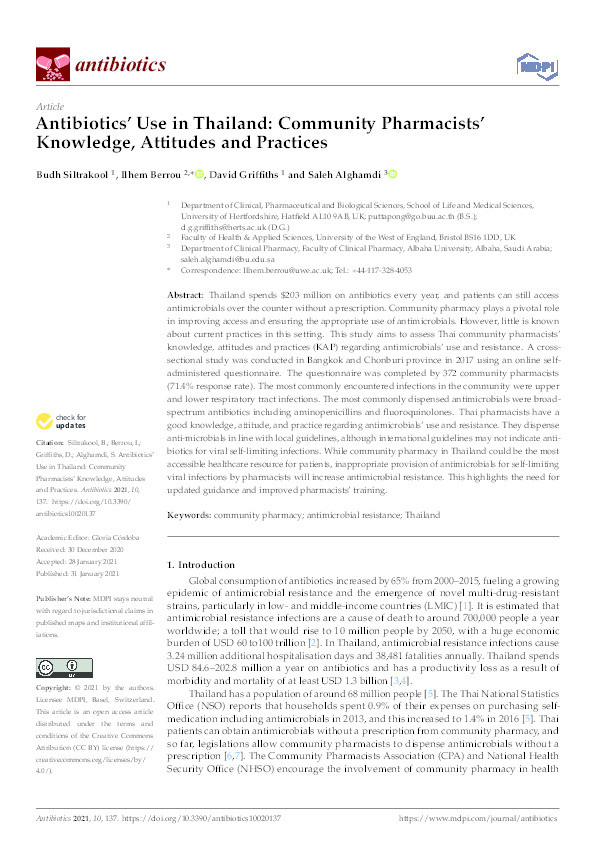 Antibiotics' use in Thailand: Community pharmacists' knowledge, attitudes and practices Thumbnail