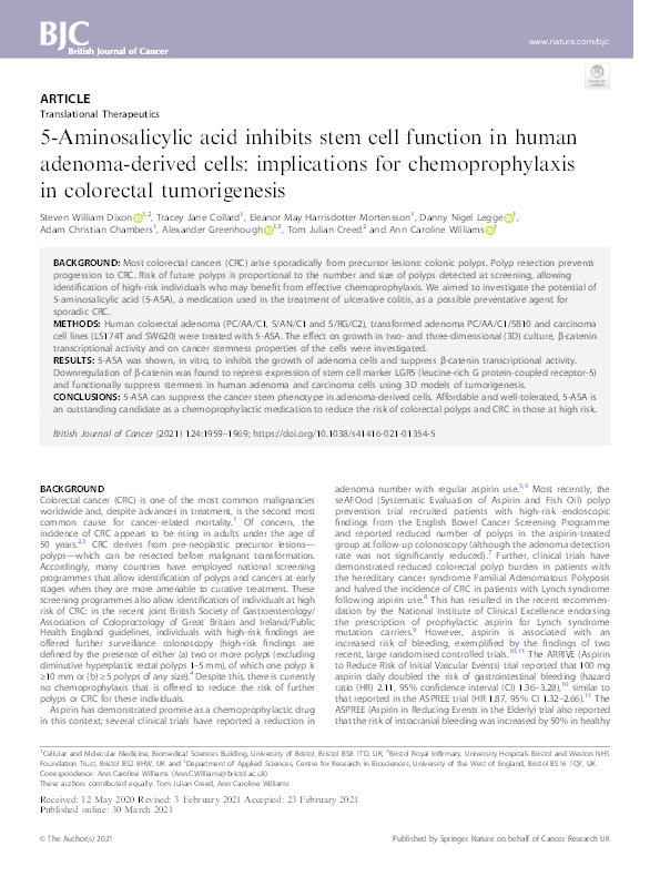 5-aminosalicylic acid inhibits stem cell function in human adenoma derived cells: Implications for chemoprophylaxis in colorectal tumorigenesis Thumbnail
