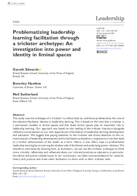 Problematizing leadership learning facilitation through a trickster archetype: An investigation into power and identity in liminal spaces Thumbnail