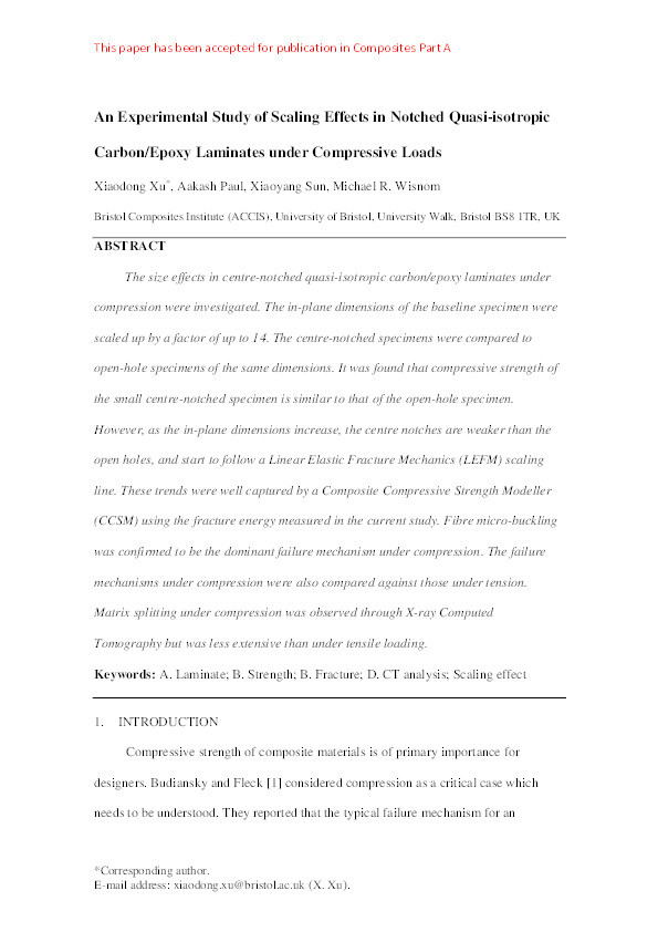 An experimental study of scaling effects in notched quasi-isotropic carbon/epoxy laminates under compressive loads Thumbnail