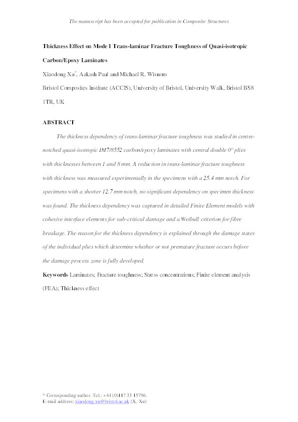 Thickness effect on Mode I trans-laminar fracture toughness of quasi-isotropic carbon/epoxy laminates Thumbnail