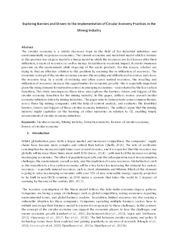 Exploring barriers and drivers to the implementation of circular economy practices in the mining industry Thumbnail