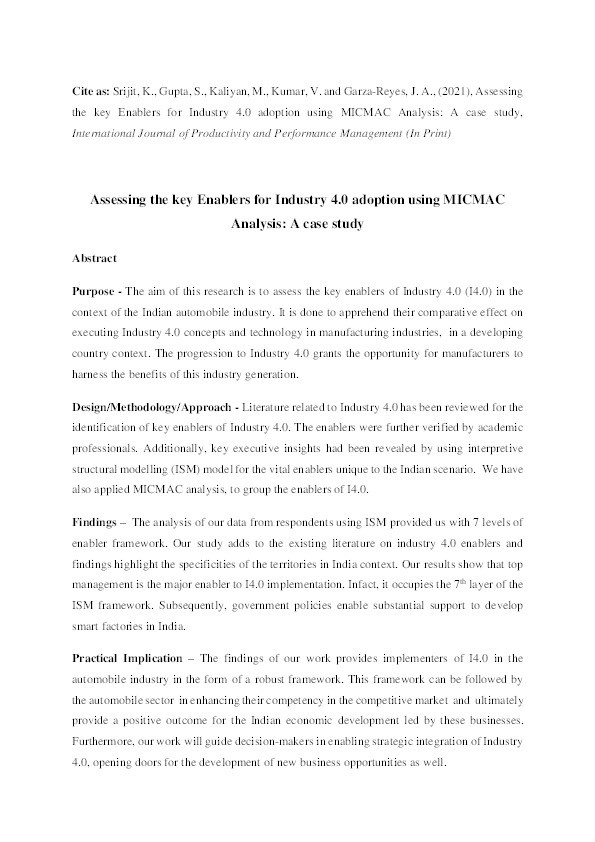 Assessing the key enablers for Industry 4.0 adoption using MICMAC analysis: A case study Thumbnail