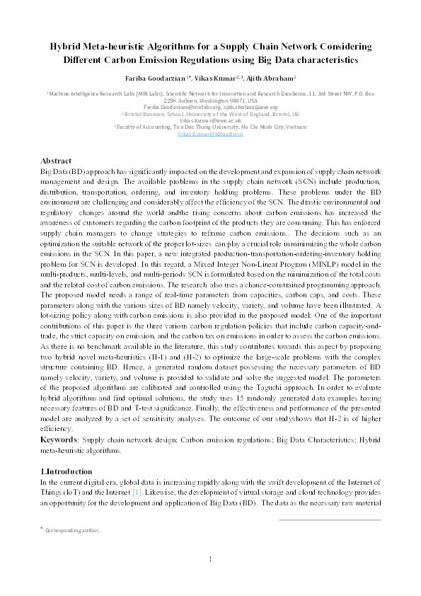 Hybrid meta-heuristic algorithms for a supply chain network considering different carbon emission regulations using big data characteristics Thumbnail