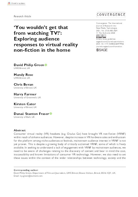 ‘You wouldn’t get that from watching TV!’: Exploring audience responses to virtual reality non-fiction in the home Thumbnail