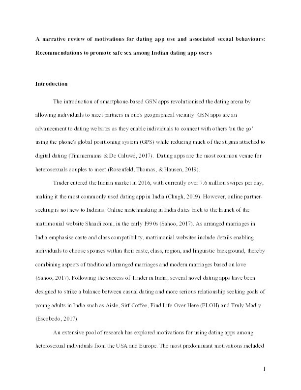 A narrative review of motivations for dating app use and associated sexual behaviors: Recommendations to promote safe sex among Indian dating app users Thumbnail