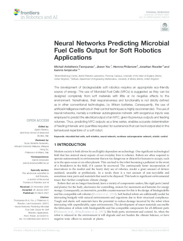 Neural networks predicting microbial fuel cells output for soft robotics applications Thumbnail