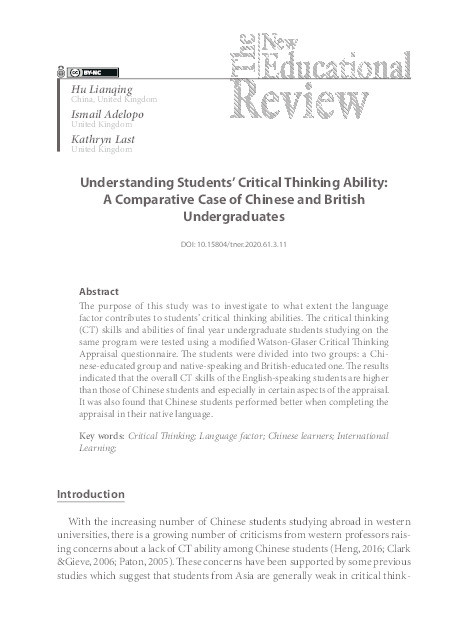 Understanding students’ critical thinking ability: A comparative case of Chinese and British undergraduates Thumbnail