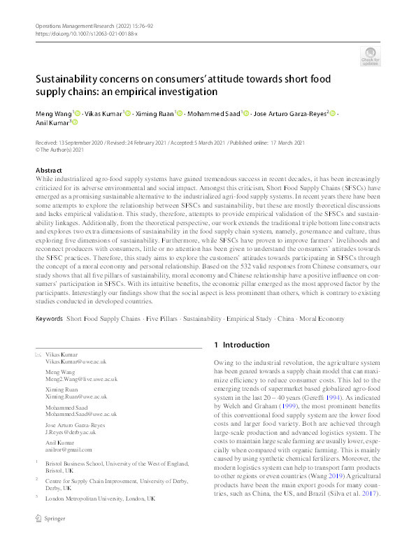 Sustainability concerns on consumers’ attitude towards short food supply chains: An empirical investigation Thumbnail