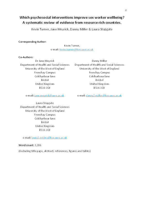 Which psychosocial interventions improve sex worker well-being? A systematic review of evidence from resource-rich countries Thumbnail