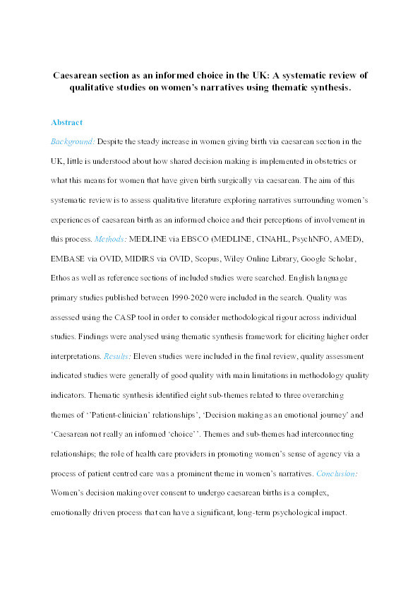 Caesarean section as an informed choice in the UK? A systematic review of qualitative studies on women’s narratives using thematic synthesis Thumbnail