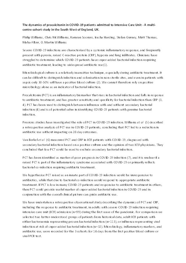 The dynamics of procalcitonin in COVID-19 patients admitted to Intensive care unit - a multi-centre cohort study in the South West of England, UK. Thumbnail