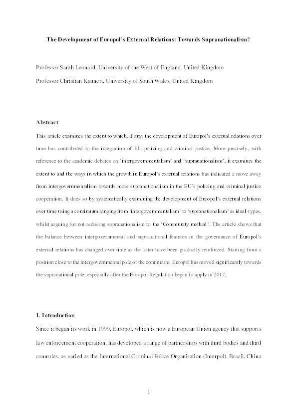 The development of Europol's external relations: Towards supranationalism? Thumbnail