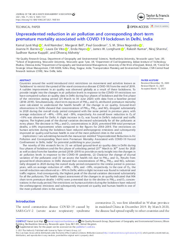 Unprecedented reduction in air pollution and corresponding short-term premature mortality associated with COVID-19 lockdown in Delhi, India Thumbnail