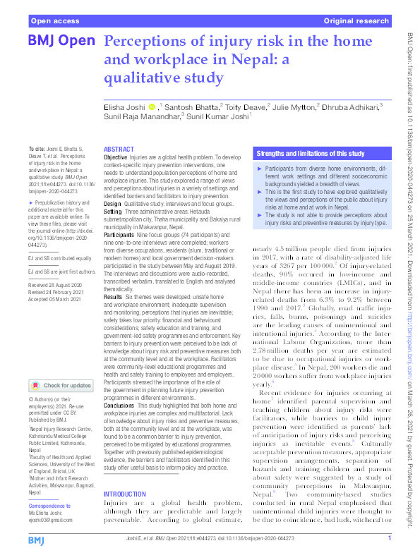 Perceptions of injury risk in the home and workplace in Nepal: A qualitative study Thumbnail