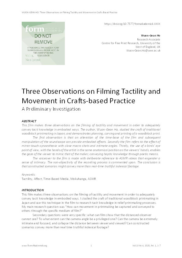 Three observations on filming tactility and movement in crafts-based practice:  A preliminary investigation Thumbnail