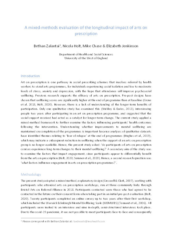 A mixed-methods evaluation of the longitudinal impact of arts on prescription Thumbnail