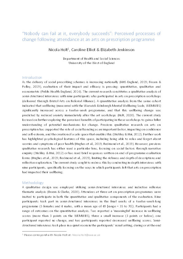 “Nobody can fail at it, everybody succeeds”: Perceived processes of change following attendance at an arts on prescription programme Thumbnail