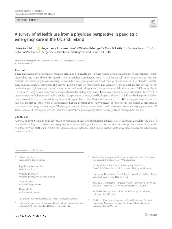 A survey of mHealth use from a physician perspective in paediatric emergency care in the UK and Ireland Thumbnail