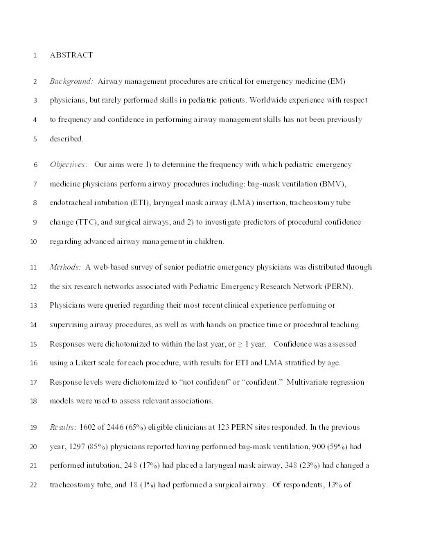 Exposure and confidence across critical airway procedures in pediatric emergency medicine: An international survey study Thumbnail