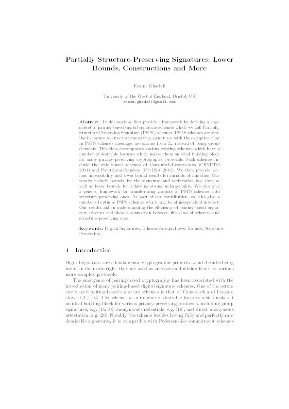 Partially structure-preserving signatures: Lower bounds, constructions and more Thumbnail