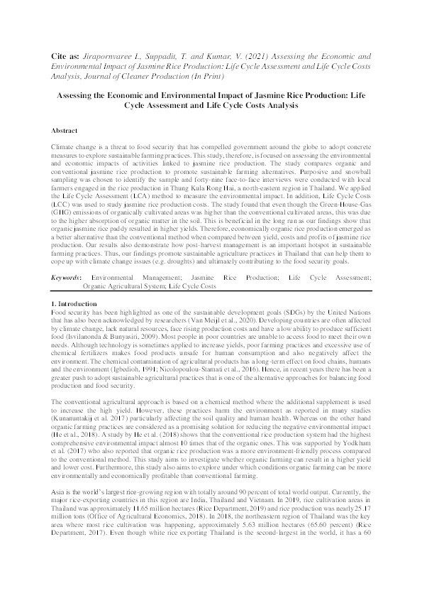 Assessing the economic and environmental impact of jasmine rice production: Life cycle assessment and Life Cycle Costs analysis Thumbnail