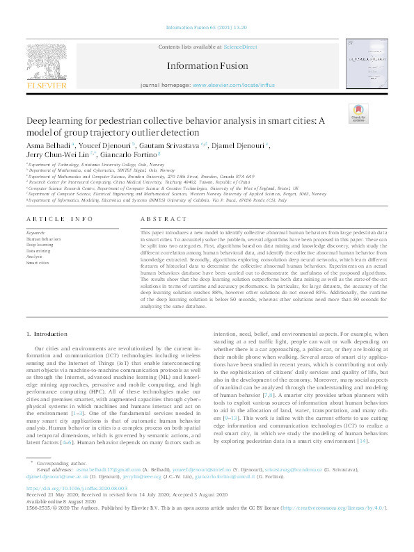 Deep learning for pedestrian collective behavior analysis in smart cities: A model of group trajectory outlier detection Thumbnail