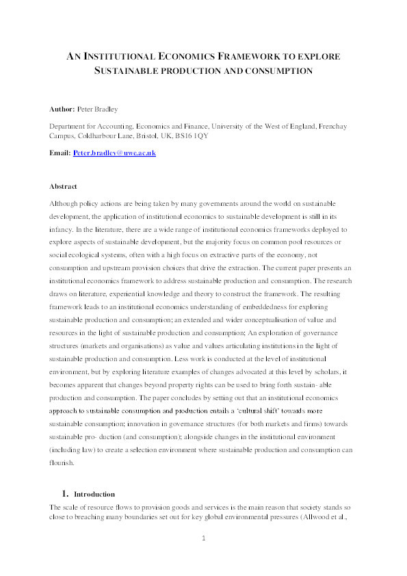 An institutional economics framework to explore sustainable production and consumption Thumbnail