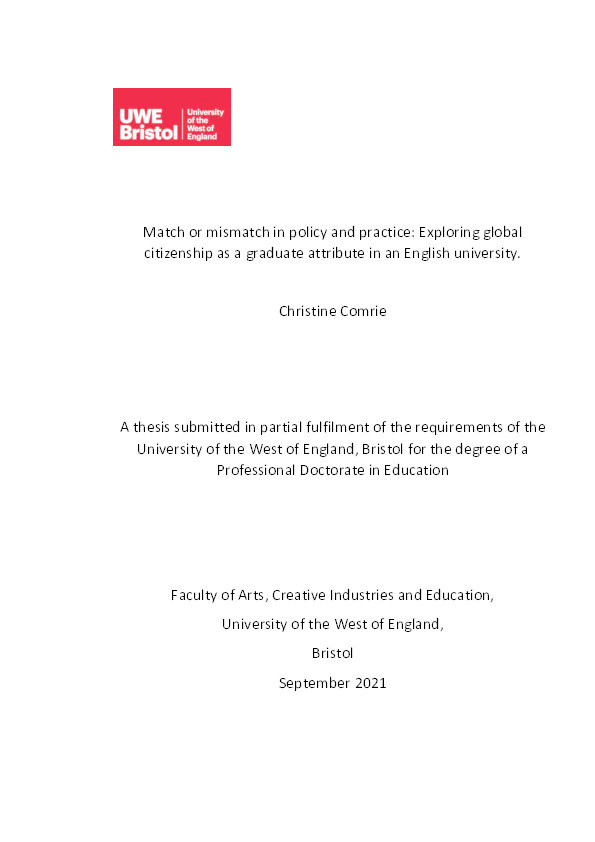 Match or mismatch in policy and practice: Exploring global citizenship as a graduate attribute in an English university Thumbnail